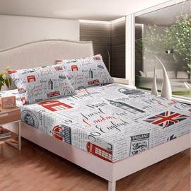 Girls London Big Ben Bed Sheet Set Boys Red Telephone Booth Bed Sheets for Kids Women Men Retro Uk Theme Bedding Set Old Newspaper Fitted Sheet Bedroom Collection 3Pcs Double Size
