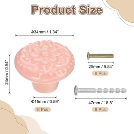 sourcing map 6Pcs Ceramic Knobs, 34mm/1.34" Flower Pattern Mushroom Knob Drawer Pull Handle Vintage Wardrobe Knobs with Screws for Vanity Bedroom Furniture Closet, Pink