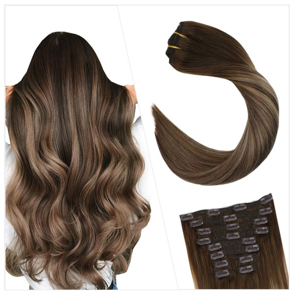 Ugeat Clip in Hair Extensions Human Hair 20inch Human Hair Clip in Extensions Balayage Color #4 Dark Brown with #18 Ash Blonde Clip in Remy Human Hair Extensions 120 Grams