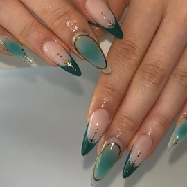 Almond Press on Nails Medium Length Fake Nails Cyan Color False Nail Tips Stick on Artificial Nails Summer Glue on Nails Medium False Nails with Gold Stars Designs - 24pcs