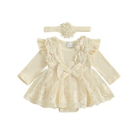 M9ppzzur7 Baby Girl Clothes Infant Tulle Romper Lace Flower Mesh Long Sleeve One Piece Romper Dress and Headband 2 Pcs Set (Khaki, 0-3 Months)