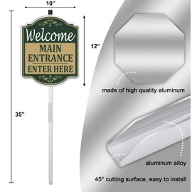 Welcome Main Entrance Enter Here Sign 12" x 10" With 35" Long Metal Stakes Aluminum Outdoor Use Yard