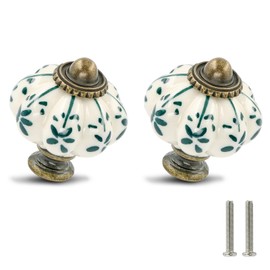 Zernmiarder Ivory & Green Pumpkin Knobs 12 Pack Ceramic Cabinet Knobs Vintage Drawer Pulls - Antique Dresser Pulls with Screws - Green Flower