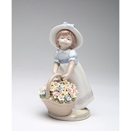 Cosmos Gifts 96648 Fine Elegant Porcelain Girl in Hat Gathering a Bouquet Basketful of Flowers Figurine Nadal Figurine, 7" H