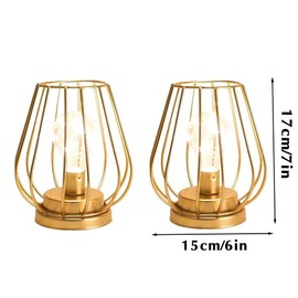 TRIROCKS Set of 2 Metal Battery Operated Lamp 7'' Tall Cage Shape Cordless Table Lamp Battery Lanterns with Warm Fairy Lights Bulb for Patio Garden Wedding Parties Indoor Outdoor(Gold)