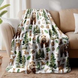WADORN Animal Forest Throw Blanket, Cozy Soft Pine Tree Bear Rabbit Deer Throw Blanket Fuzzy Flannel Fleece Blankets Animals Lovers Gifts for Office Living Room Sofa Bed Couch Chairs, 59x51 Inch