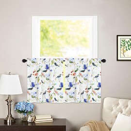 VOGOL Kitchen Curtains 30 Inch Length, Blue Birds Print Linen Texture Mini Tier Curtains for Living Room Bathroom Cafe Door, 30x30, 2 Panels