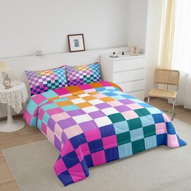 Feelyou Multicolored Checkered Retro Bedding Set Kids Boys Girls Geometric Vintage Comforter Set Twin Size Rainbow Colorful Duvet Insert Modern Simple Groovy Aesthetic Room Decor