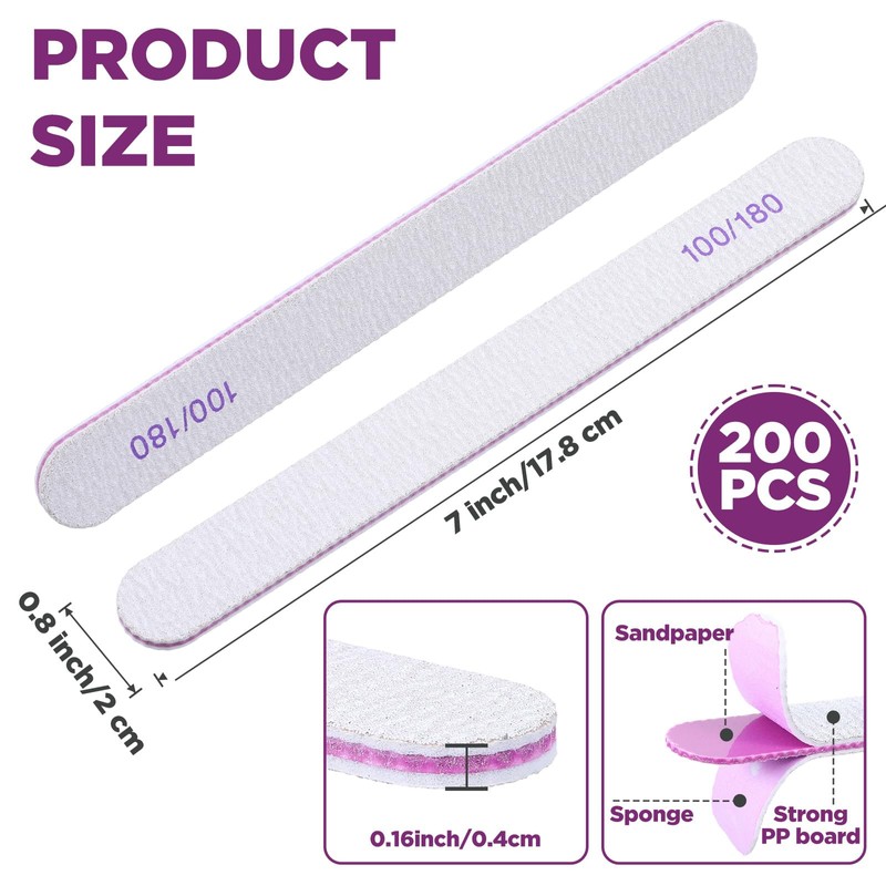 200 Pcs Nail Files, 100/180 Grit Double Sided Emery Boards,