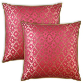 AVKA Studio Throw Pillow Covers - Pack of 2 Floral Brocade Decorative Pillows - Coral & Gold 20X20 - Indian Faux Silk Jacquard Cushion Cover - Cover Only