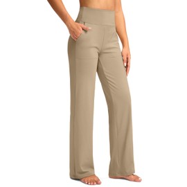 G Gradual Women's Yoga Pants Wide Leg wiht Pockets High Waist Stretch Loose Casual Lounge Sweatpants Petite/Regular/Tall (Khaki, Inseam 28, M)