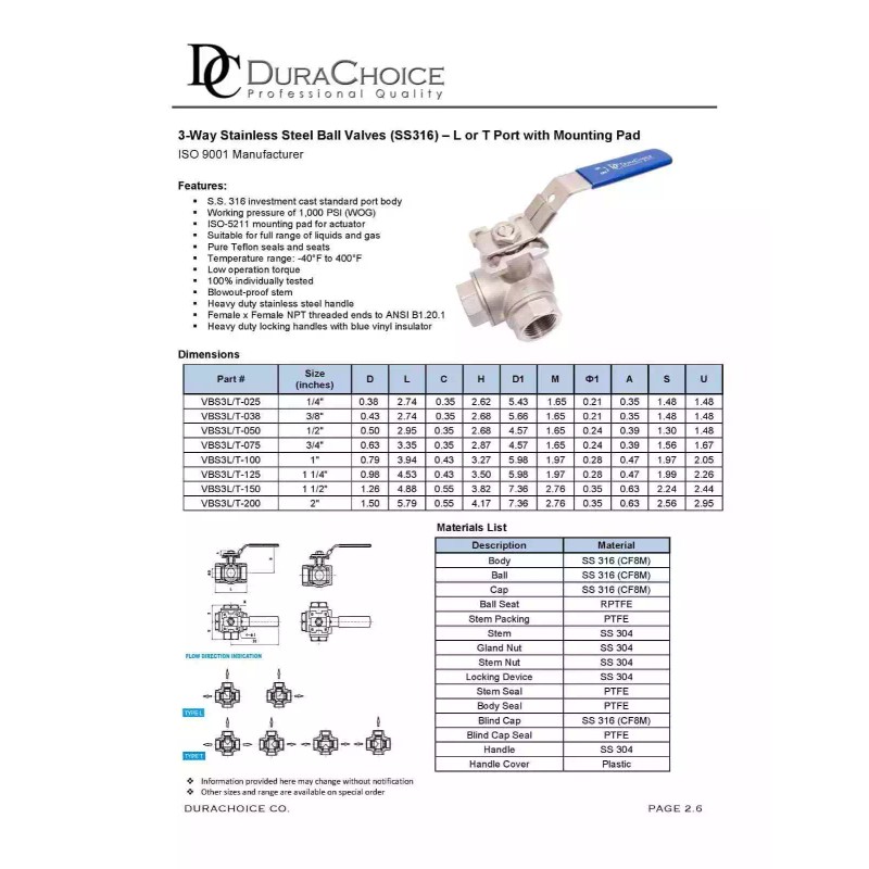 DuraChoice 1/2" Stainless Steel (316) 3-Way Ball Valve - L