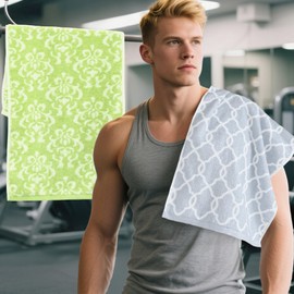 Workout Towels for Gym (2PC, 14"x31") - 100% Cotton, Breathable, Soft & Absorb - Sweat Towel for Men & Women, Sports Towel for Yoga, Tennis, Running, Exercise & Fitness, Green Damask+Gray Checkered