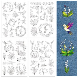 Peacoblue Water Soluble Embroidery Patterns for Beginners 4 Sheets with 50pcs Lily of the Valley Patterns, Hummingbird, Wash Away Embroidery Pattern Stabilizer for Hand Sewing Lover Women Adults