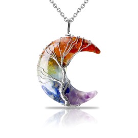 Kotkiddy Crystal Necklace, Tree Life Wire Wrapped Crescent Moon Necklace, Natural Stone Pendant Necklaces, Gemstone Gifts Jewellery, multicoloured