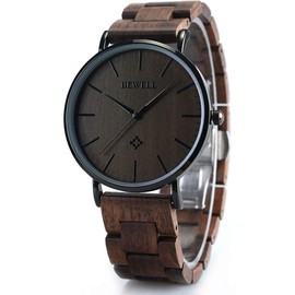 BEWELL Wooden Watches for Men Women Slim Analog Quartz Minimalist Couple Wrist Watch W163A (Mens-Black)