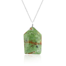 CRYSTALIS Natural Green Prase Gemstone Cabochon Pendant Necklace, High Grade Polished Shield Crystal, Chakra Healing Gift, Women Jewelry, Dainty 925 Sterling Silver Chain 18 inch