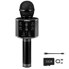 ROSY CLOUD Wireless Bluetooth Karaoke Microphone for Kids, 5-in-1 Portable Handheld Karaoke Mic Speaker Player Recorder with Adjustable Remix FM Radio for Kids Girls Boys (with 32G TF Card,Black)