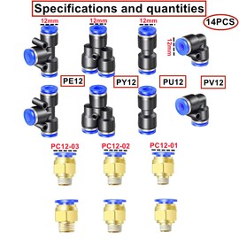 HUAZIZ 5 m PU Pneumatic Hose, Black Pneumatic Polyurethane Pneumatic Hose, Flexible Compressed Air Hose, with 14 Pieces Pneumatic Connectors, Air Push Quick Couplings, Outer 12 mm x Inner 8 mm
