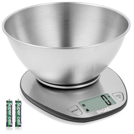 BAGAIL BASICS Electronic Kitchen Scale Premium Large Display Backing Scale Wet and Dry Food Weighing Scale with Stainless Steel Mixing Bowl - 5kg