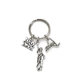 New York theme keychain. Includes Includes New York State, New York Sign with Apple, and Statue of Liberty.