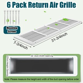 Blulu 6 Pack 30 x 6 Inch Duct Opening Return Air Grille Air Return Vent Cover Heavy Duty Steel Ceiling Register Grill with Screws for Home Wall Sidewall or Ceiling, Outer Size 31.75"w x 7.75"h