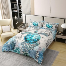 100% Cotton Sea Turtle Bed Linen Set 135 x 200 cm Turquoise Turtle Comfort Cover Ocean Animal Duvet Cover Nautical Antique Style Bed Set with 1 Pillowcase Grey Blue Soft Warm