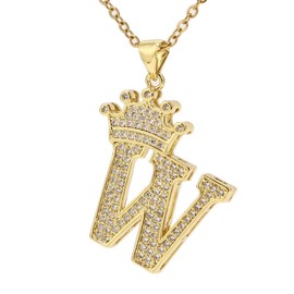 UALGL A-Z Letters Necklace Crown Necklace for Men Women 18K Gold Plated Letters Pendants with 23'' Chain Hip Hop Alphabet Name Jewelry Mom Gifts (Yellow-w)