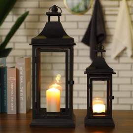 JHY DESIGN Set of 2 13''&19.5''Tall Outdoor Candle Lanterns Vintage Hanging Tower Lantern Metal Candle Holder for Garden Living Room Indoor Outdoor Parties Weddings Balcony(Black)