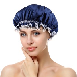 ZLYC Mulberry Silk Sleeping Bonnet for Women Hair Night Sleep Cap with Elastic Band, Solid Navy