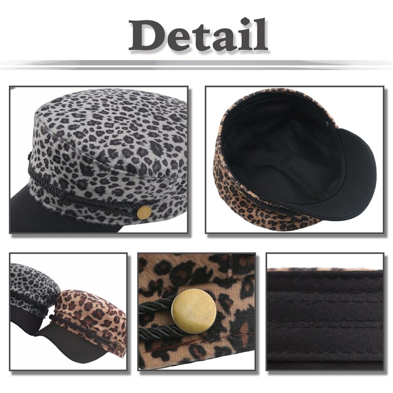 White Fang CZ208 Women's Marine Cap, Leopard Print, Newsquet, Black,