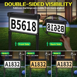 Solar Address Sign, House Numbers for Outside Light Up Double Sided, 3 Colors LED Illuminated Address Number, Waterproof Outdoor Stakes & Mailbox Mount Solar Powered Number Plaque for Yard Home Street