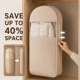 Beige Compression Hanging Garment Bag with Vacuum Seal and Clear Window