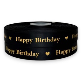 Luxury Happy Birthday Satin Ribbon 2m x 25mm for Cakes, Birthday Cakes Gift Wrap Wrapping Ribbon Cards Birthday Decorations Craft (Black & Gold Bold)
