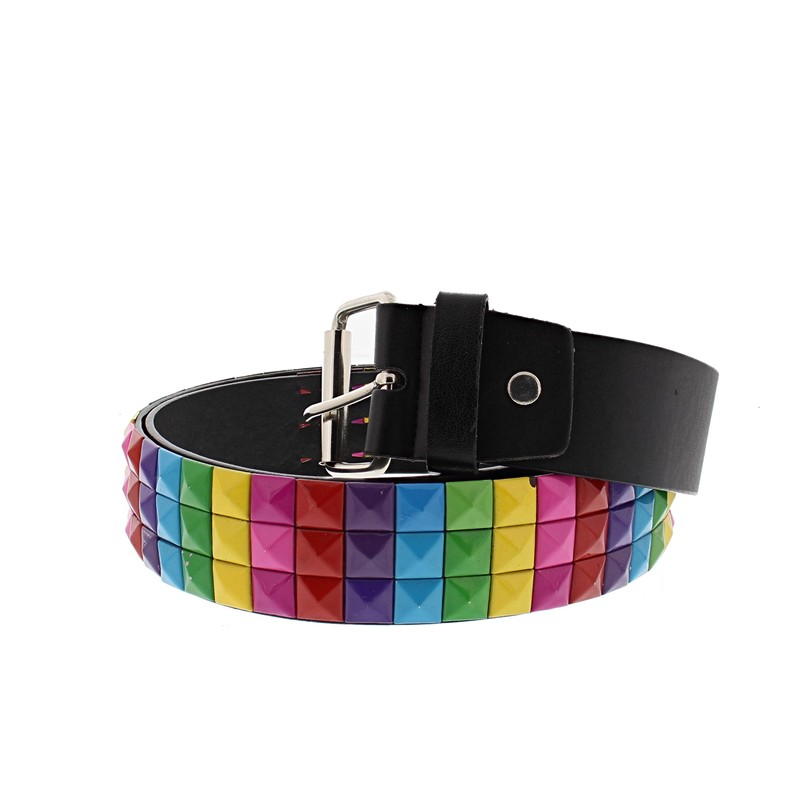 Zac's Alter Ego Rainbow 3 Row Chessboard Pyramid Studded Belt