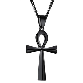 Men's Stainless Steel Coptic Ankh Cross Religious Pendant Necklace, 24" Curb Chain(Black)