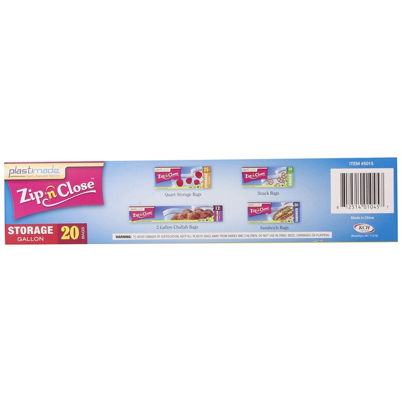 Plastimade Zip N Close Storage Gallon Bags, 20 Count