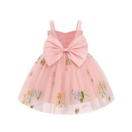 IBTOM CASTLE Baby Flower Girl Floral Embroidery Pleated Tulle Tutu Dress Elegant Bowknot V Back Toddler Birthday Party Pageant Formal Baptism Easter Dresses Pink-Floral 3-4 T