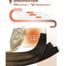 Sunny Hair Tape in Hair Extensions Human Hair Invisible Tape in Hair Extensions Straight Tape in Extensions Hair Extensions for Women 20Pcs 18inch Black to Dark Brown with Blonde