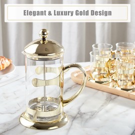 DUJUST Gold French Press Coffee Maker, Luxury Design French Coffee Press with 4-Level Filter System, High-Grade Glass for Hot & Cold Resistance, Include Long Size 304 Stainless Steel Spoon - 34oz