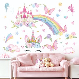 FUFUQUARE Rainbow Unicorn Wall Stickers Colorful Cute Castle Butterfly Flowers Peel and Stick Wall Decals for Girls Bedroom Nursery Living Room
