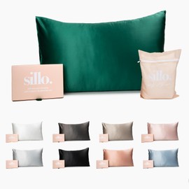 Sillo Silk Pillow Cases 2 Pack with Wash Bag – 22 Momme 6A Mulberry Silk for Hair & Skin, Silver-Infused Anti-Acne Pillow Cases for Acne-Prone Skin, Hypoallergenic, Queen (Emerald Green)