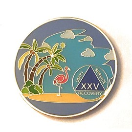 25 Year AA, Alcoholics Anonymous Beach Medallion, Chip, Token, Blue, Palm Tree with Flamingo