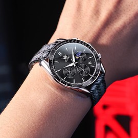 OLEVS Black Watches for Men Casual Adjustable Nylon Military Army Outdoor Analog Men's Wrist Watches Big Face Water Resistance Moon Phase Chronograph Men Watch Day Luminous Man Watch Reloj Para Hombre