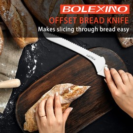 BOLEXINO Cuchillo de pan dentado blanco de 9 pulgadas, cuchillo de borde ondulado, cuchillo de cocina multiusos de acero inoxidable de alto carbono, para pan casero, panes crujientes, pasteles, bagel