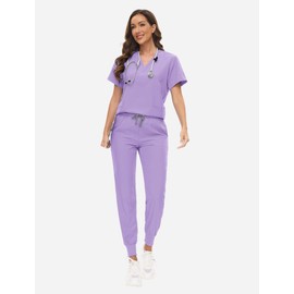 VIAOLI Scrubs for Women Set V-Neck Pocket Top & Drawstring Jogger Scrub Pants Stretch Nursing Scrubs Set Uniform
