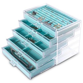 Frebeauty Extra Large Acrylic Jewelry Box for Women 5 Layers Clear Jewelry Organizer Velvet Earring Box with 5 Drawers Rings Display Case Necklaces Holder Tray for Women Girls (Turquoise)