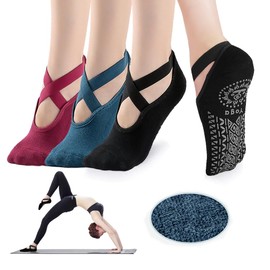 Ruikefeiyang Yoga Socks for Women Non-Slip Grips & Straps, Ideal for Pilates, Pure Barre, Ballet, Dance, Barefoot Workout (3 Pairs-Red/blue/black)