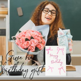 tiangqiwoole Coquette Pink Bow Birthday Card – Girly Happy Birthday Greeting Card for Her, Best Friend, Daughter, Mom, Wife – Cute Fancy Watercolor Design with Envelope (Pink Bow)