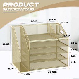 DocNest 5 Tier Paper Letter Tray File Organizer, Mesh Desk File with Handle, Workspace Desk Organizers with Pen Holder, Office Organization Storage Accessories - Gold Yellow